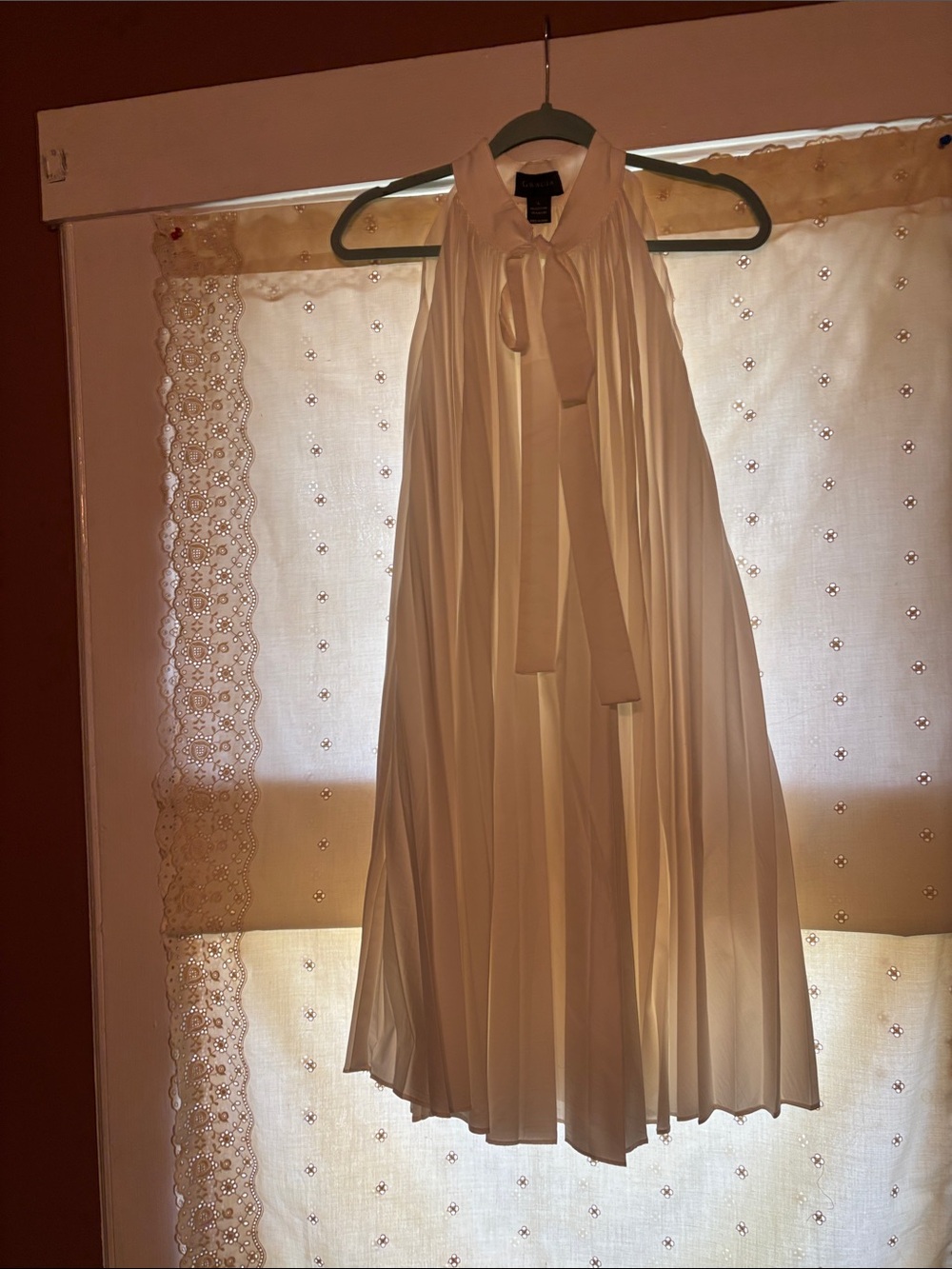 Elegant Cream Pleated Mini Dress with Neck Tie